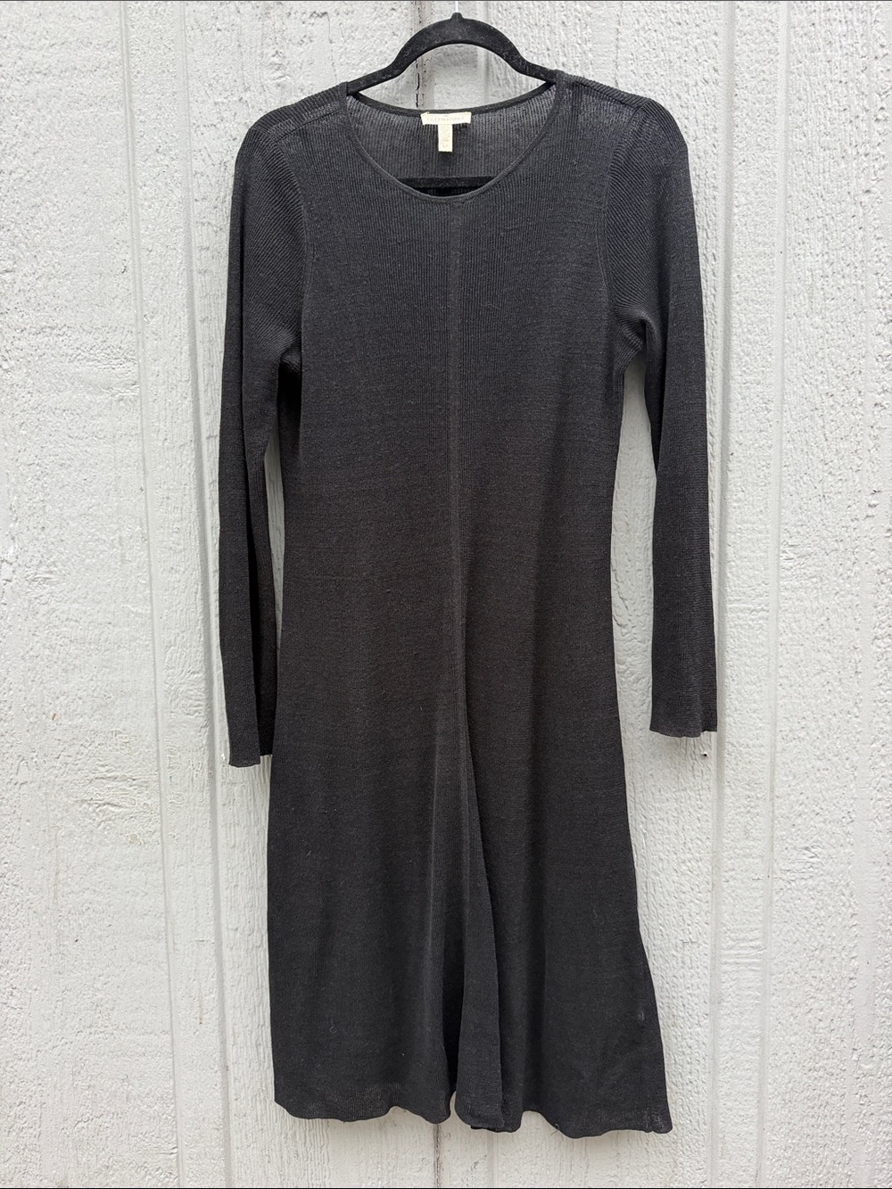 Eileen Fisher Long Sleeve Knit Overlay Organic Linen Blend Dress - Black Size: S